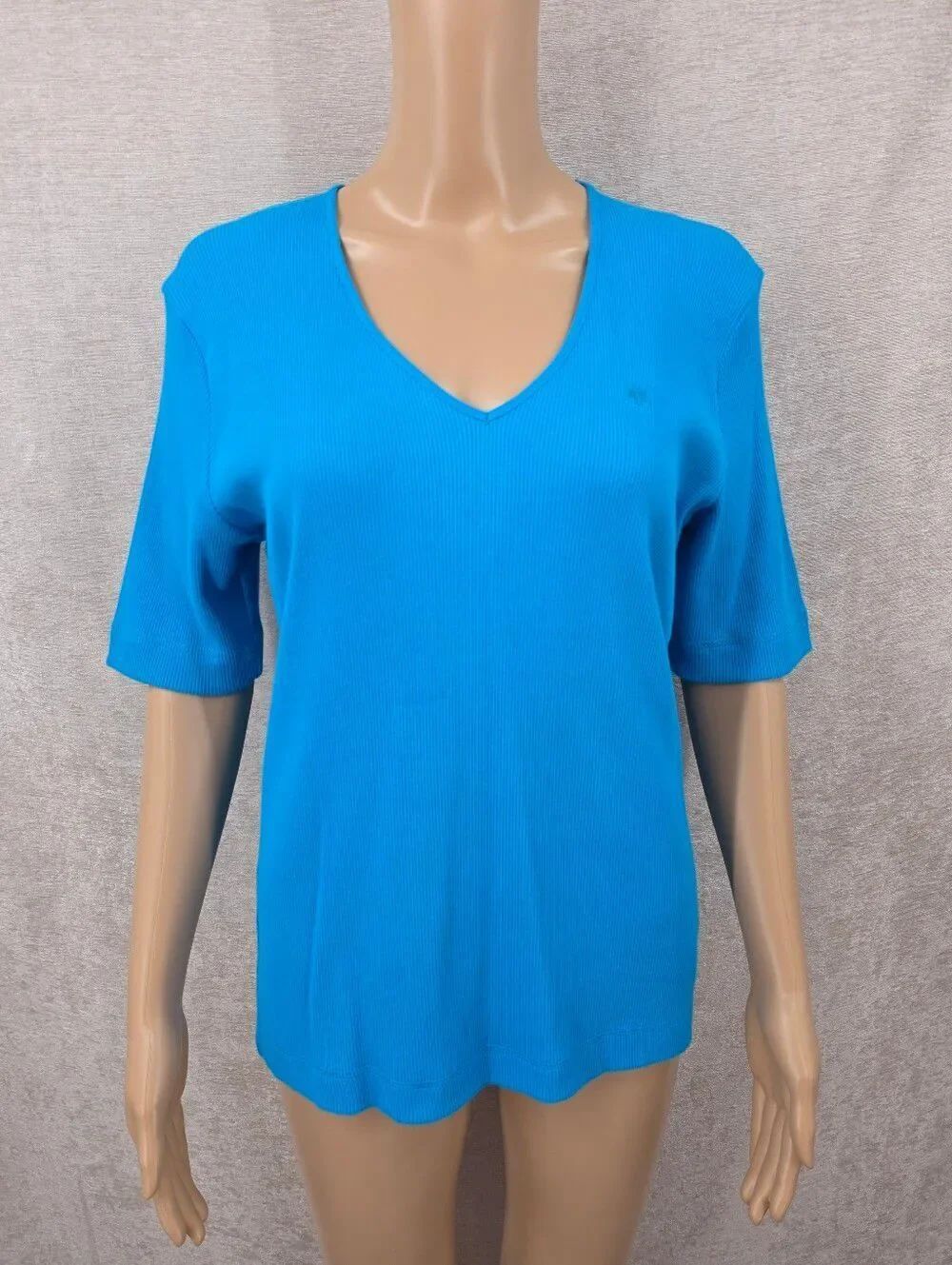Y2K Lauren Ralph Lauren V-Neck Short Sleeve Top Ribbed Knit Cotton
